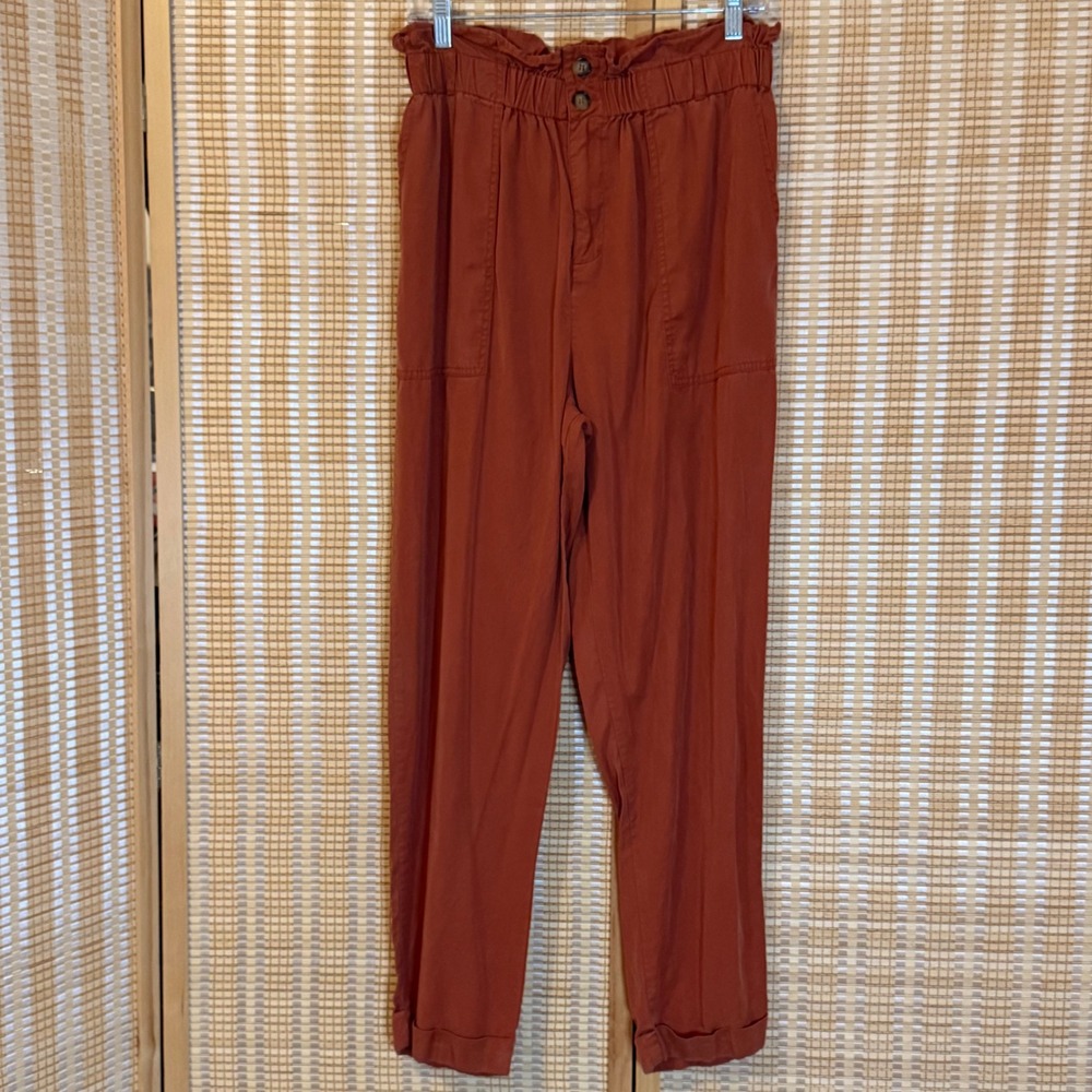 C'est Toi Womens Rust Orange Paperbag Waist High Rise Relaxed Cuffed Pants L
